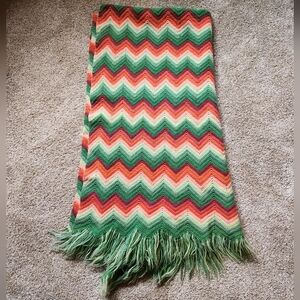 VTG Crocheted Afghan Blanket Fringe Chevron Zig Zag Green Maroon Orange
